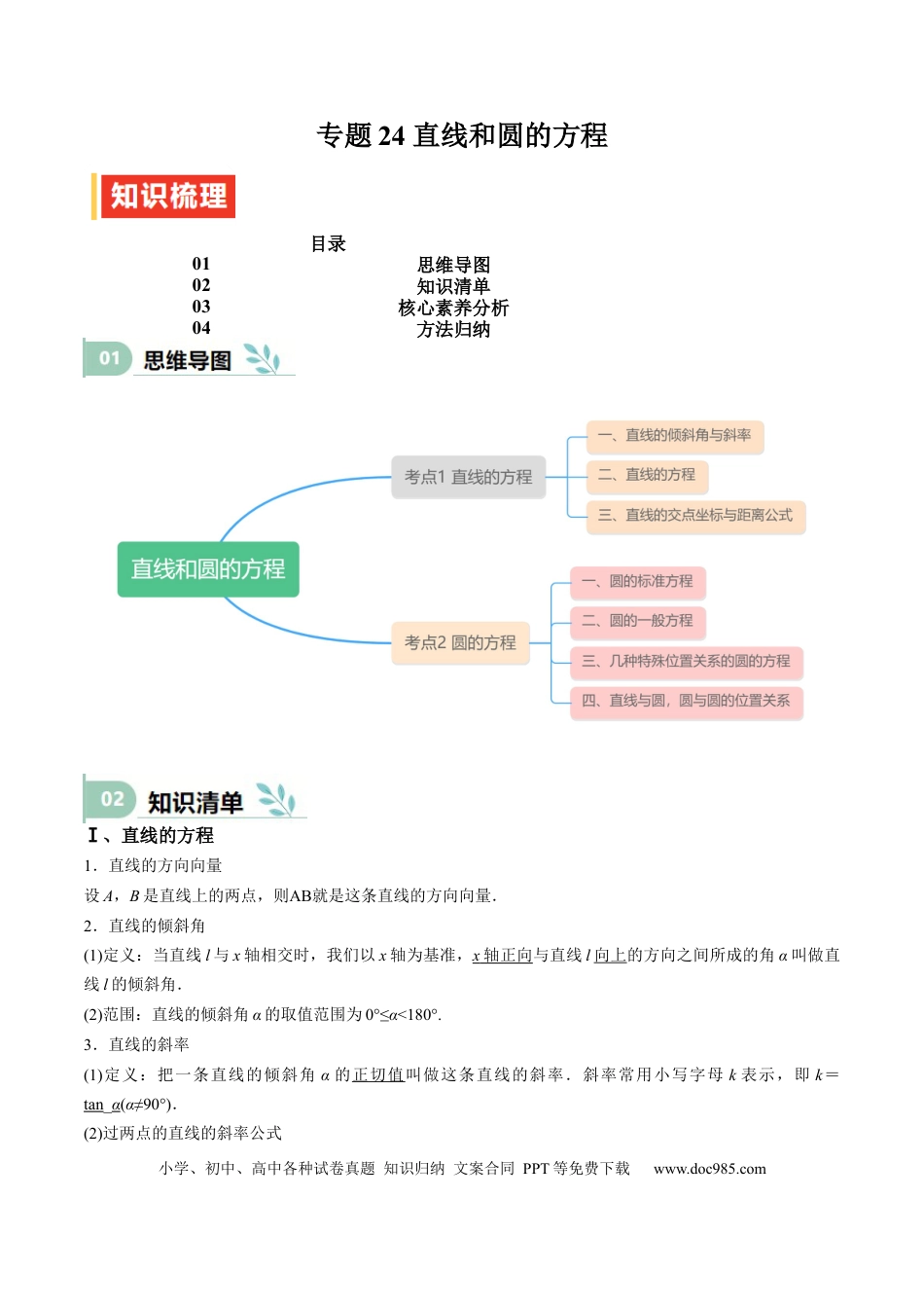 高中数学 专题24 直线和圆的方程（思维导图+知识清单+核心素养分析+方法归纳）.docx