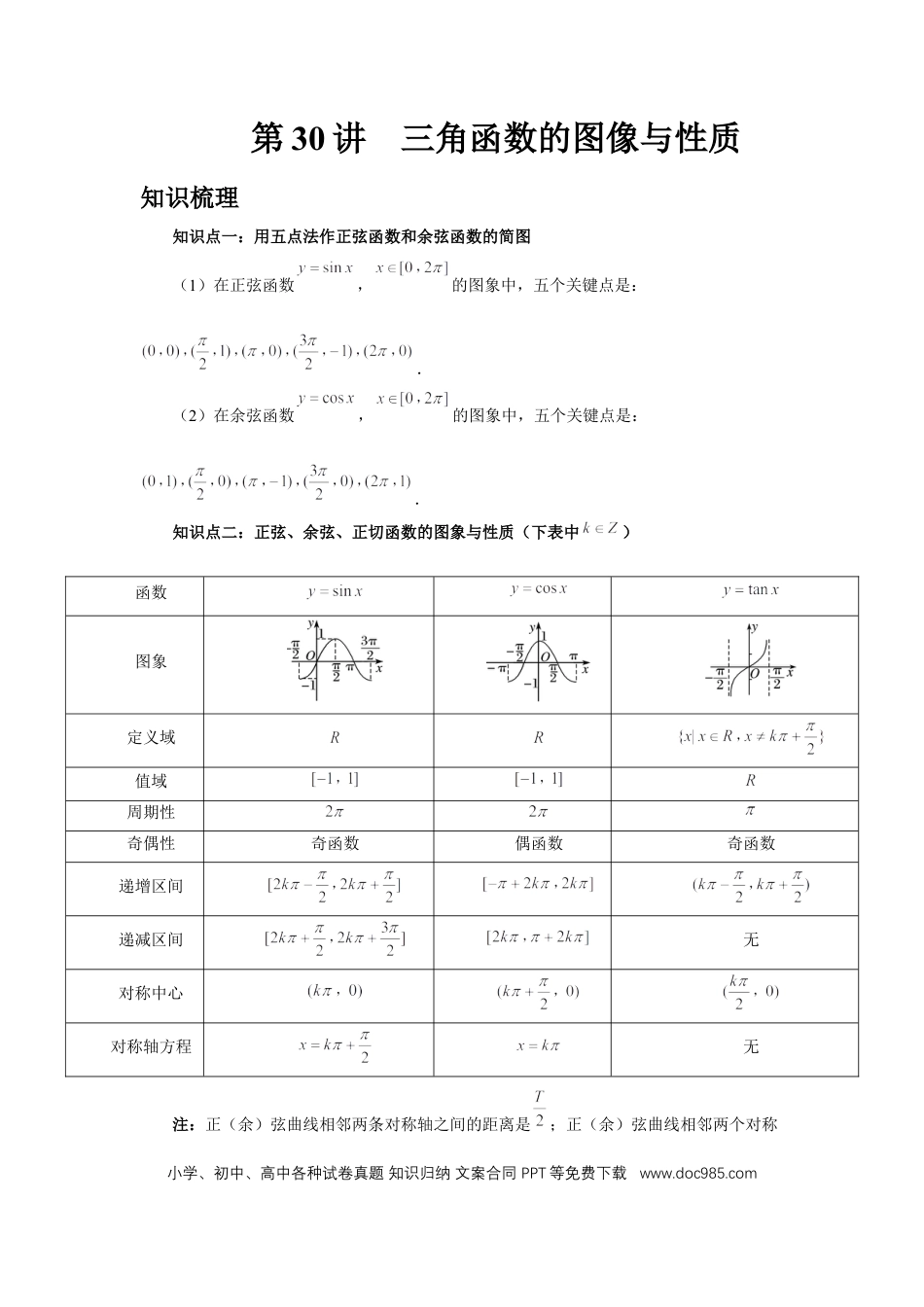 高中数学 第30讲、三角函数的图像与性质（学生版）.docx