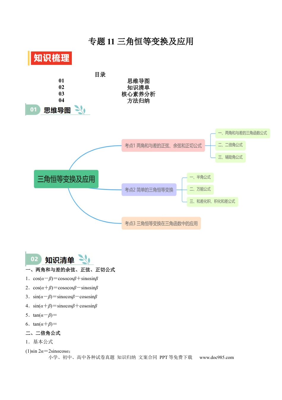 高中数学 专题11 三角恒等变换及应用（思维导图+知识清单+核心素养分析+方法归纳）.docx
