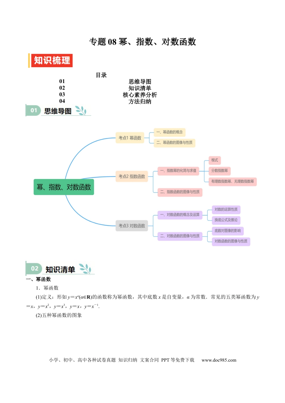 高中数学 专题08 幂、指数、对数函数（思维导图+知识清单+核心素养分析+方法归纳）.docx