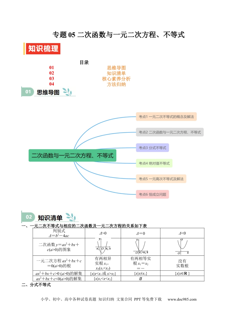 高中数学 专题05 二次函数与一元二次方程、不等式（思维导图+知识清单+核心素养分析+方法归纳）.docx