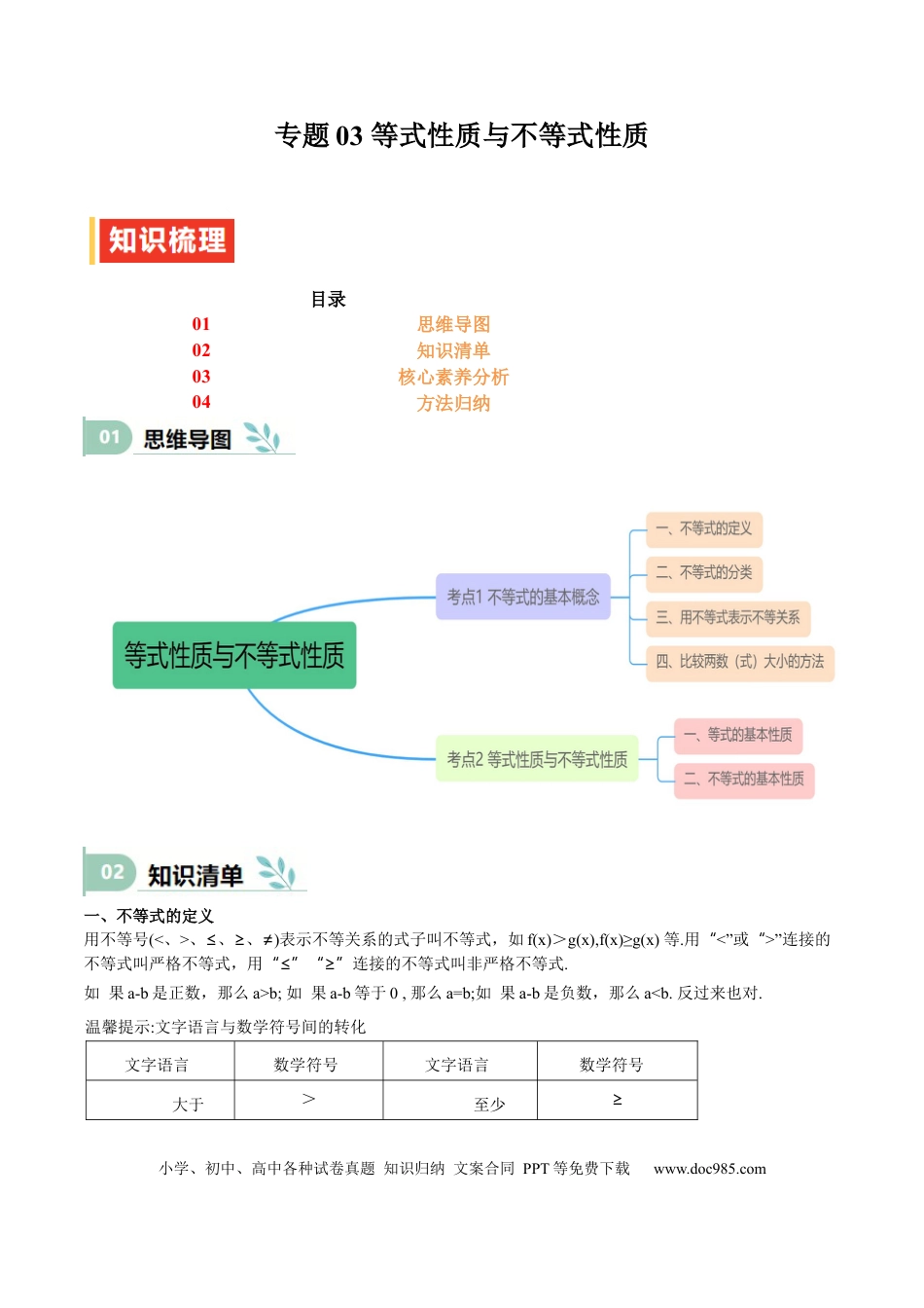 高中数学 专题03 等式性质与不等式性质（思维导图+知识清单+核心素养分析+方法归纳）.docx