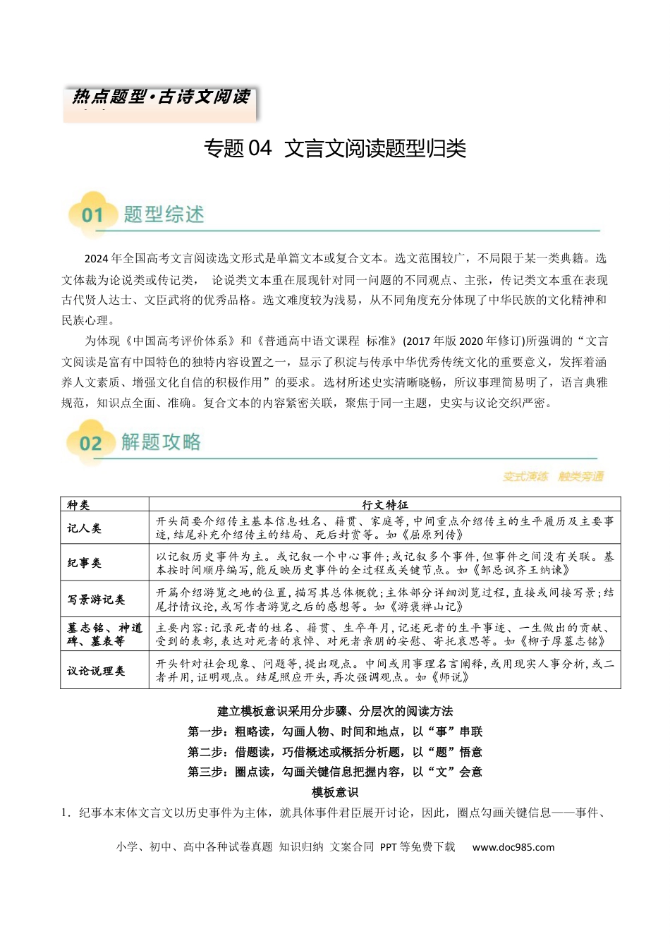 高中英文专题04 文言文阅读题型归类（原卷版）.docx
