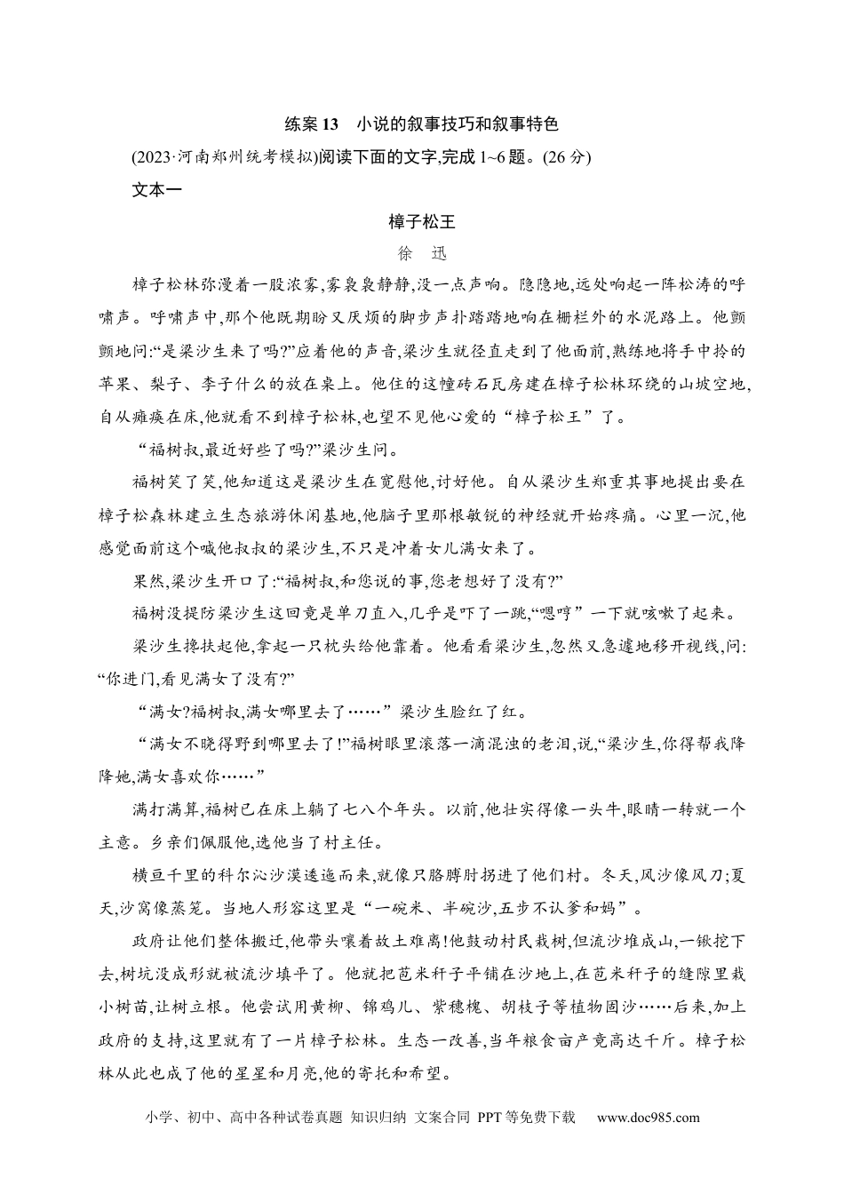 高中英文高中语文考点练习13　小说的叙事技巧和叙事特色（含解析）.docx