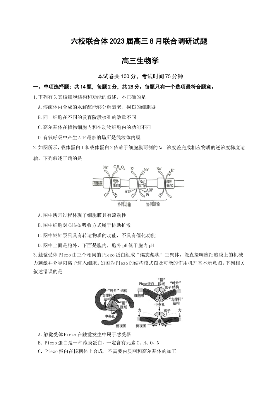 江苏省南京市六校联合体2022-2023学年高三8月联合调研考试+生物+Word版含答案.doc