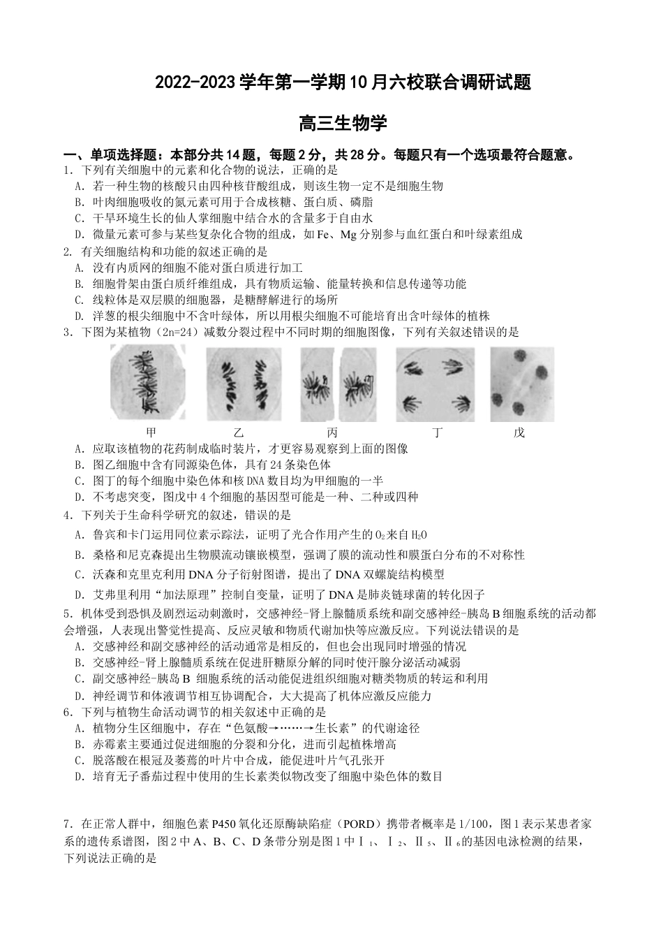 江苏省南京市六校联合体2022-2023学年高三10月联合调研生物试卷.docx