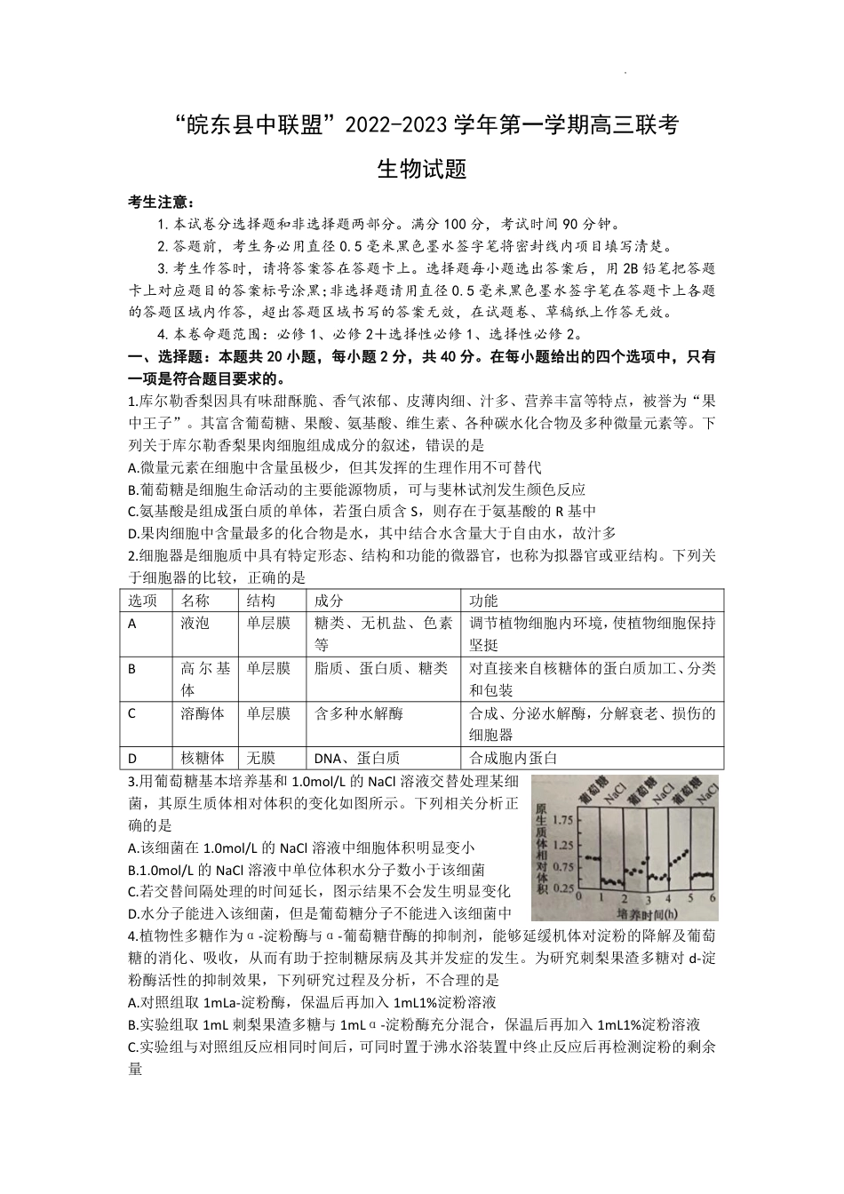 安徽省“皖东县中联盟”2022～2023学年第一学期高三联考生物试题及其答案.pdf
