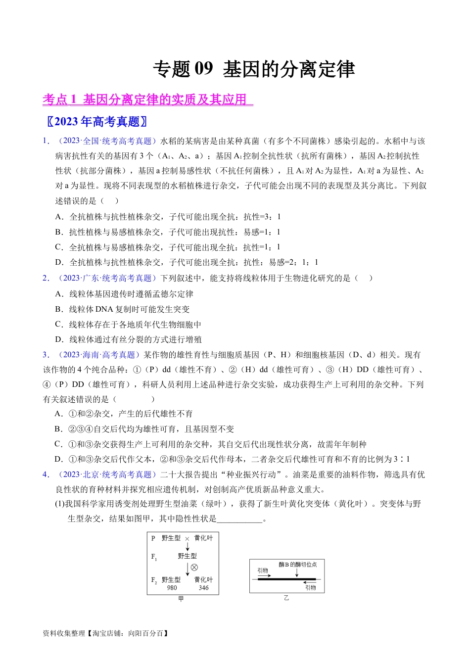 专题09 基因的分离定律-学易金卷：五年（2019-2023）高考生物真题分项汇编（全国通用）（原卷版）.docx
