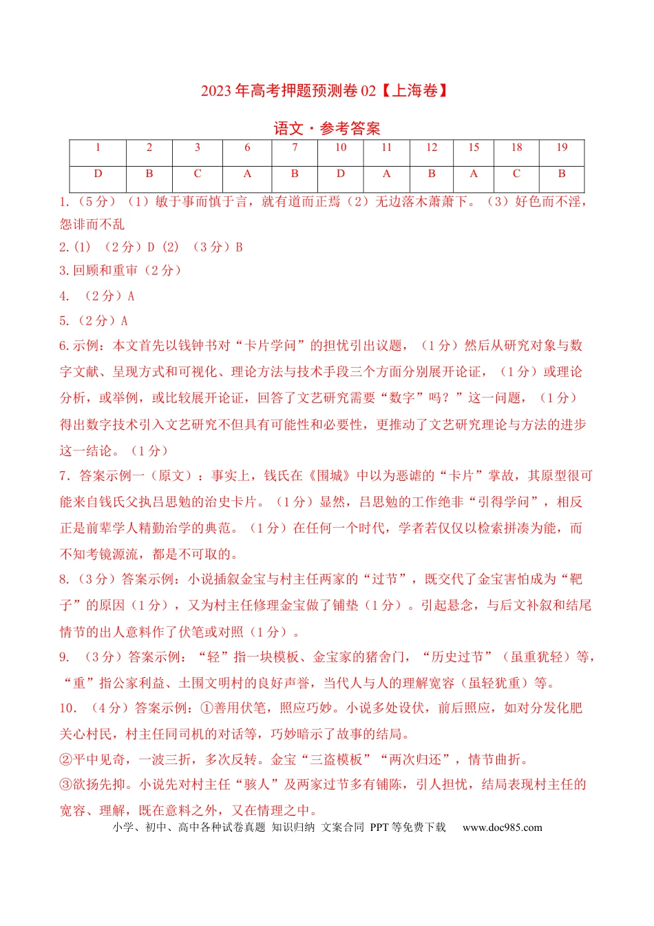 高考语文 2023年高考押题预测卷02（上海卷）-语文（参考答案）(1).docx