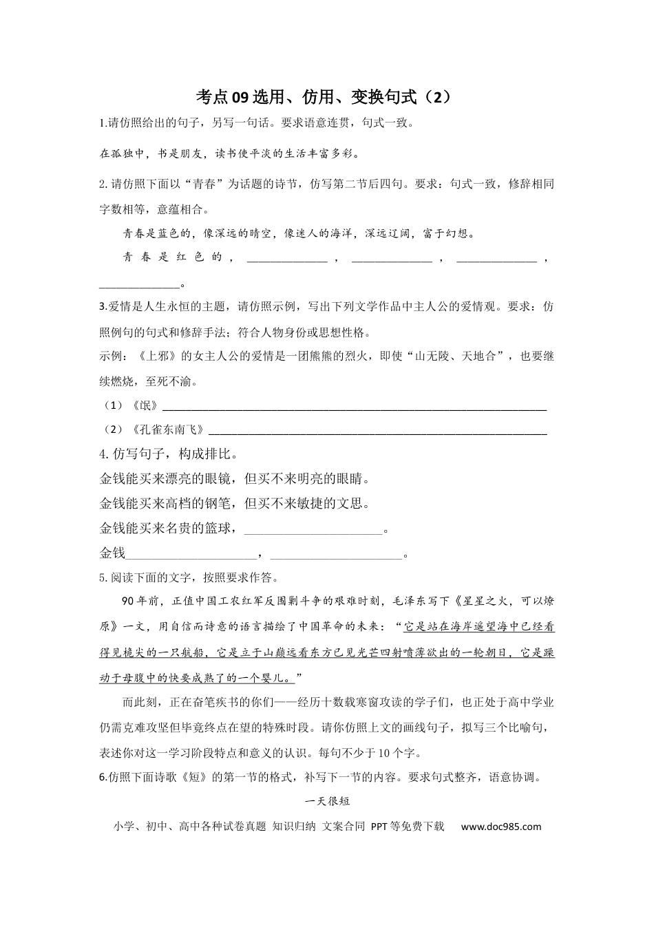 高考语文 2023年新高考语文高频考点专项练习：专题六 考点09 选用、仿用、变换句式（2）（含答案） (2).docx