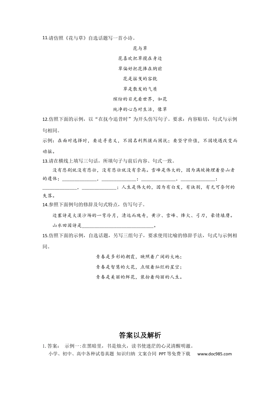 高考语文 2023年新高考语文高频考点专项练习：专题六 考点09 选用、仿用、变换句式（2）（含答案） (2).docx