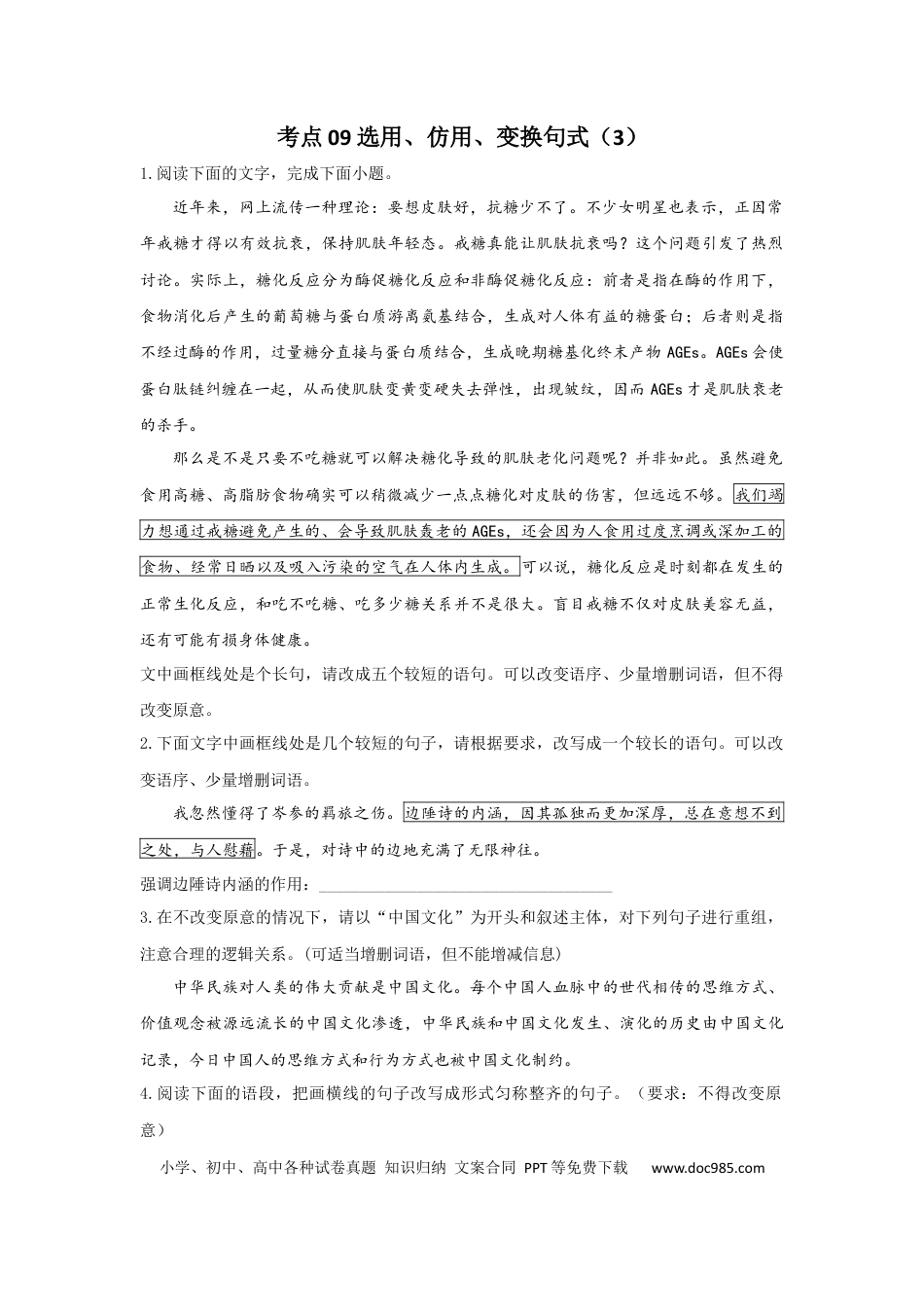 高考语文 2023年新高考语文高频考点专项练习：专题六 考点09 选用、仿用、变换句式（3）（含答案） (1).docx