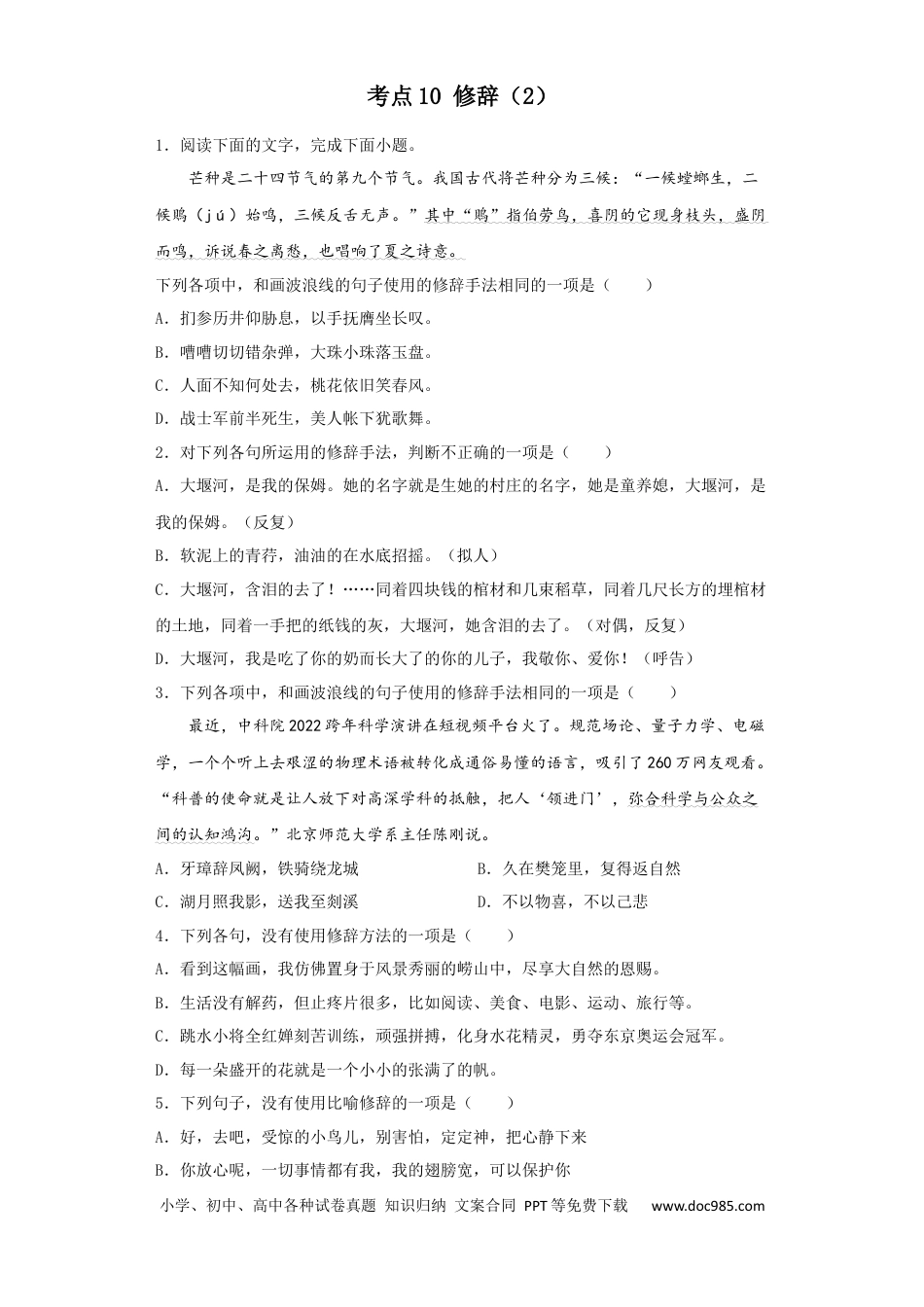 高考语文 2023年新高考语文高频考点专项练习：专题六 考点10 修辞（2）（含答案） (2).docx