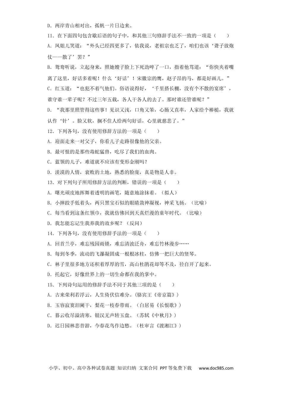 高考语文 2023年新高考语文高频考点专项练习：专题六 考点10 修辞（2）（含答案） (2).docx