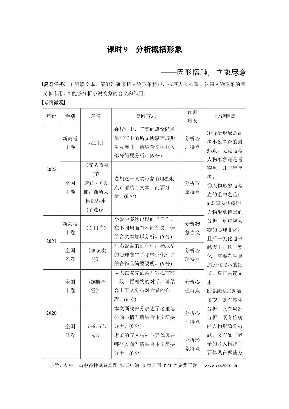 高考语文 板块2 小说阅读 课时9　分析概括形象——因形悟神，立象尽意.docx
