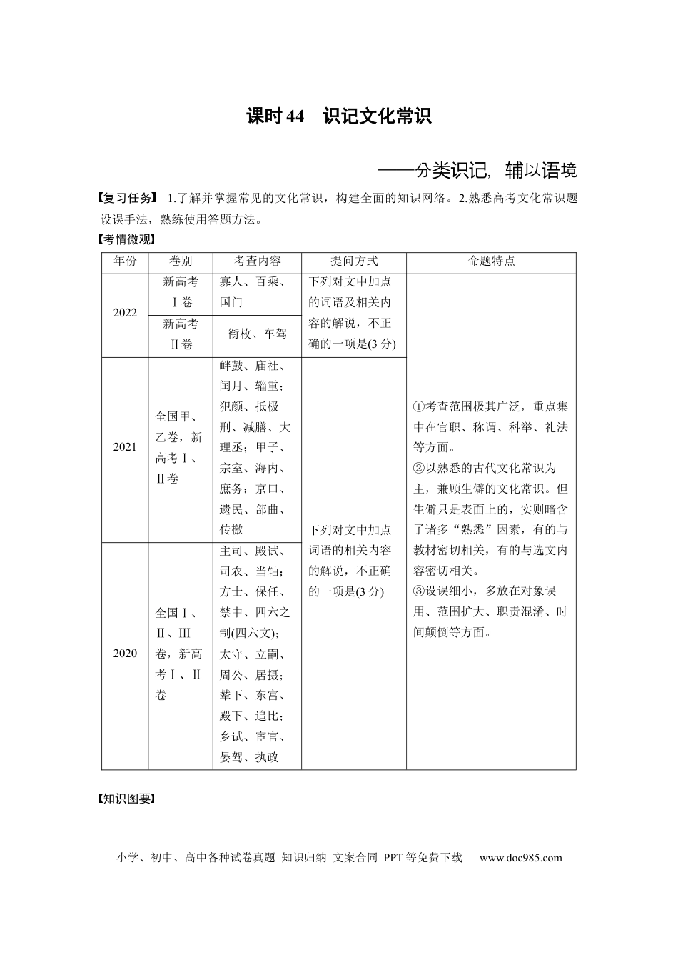 高考语文 板块5 第2部分 文言文考点突破 课时44　识记文化常识——分类识记，辅以语境(1).docx