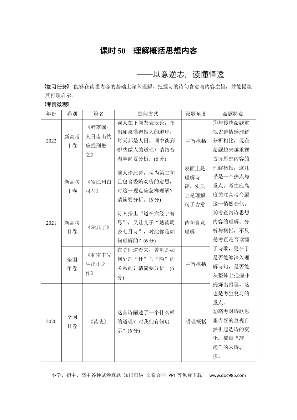 高考语文 板块6 古诗词阅读与鉴赏 课时50　理解概括思想内容——以意逆志，读懂悟透(1).docx