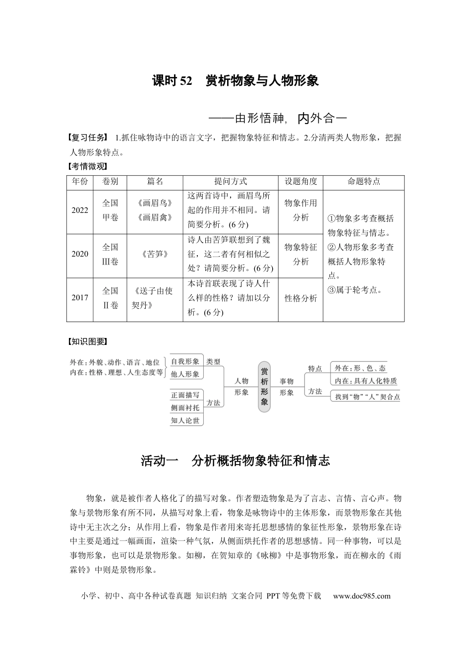 高考语文 板块6 古诗词阅读与鉴赏 课时52　赏析物象与人物形象——由形悟神，内外合一.docx
