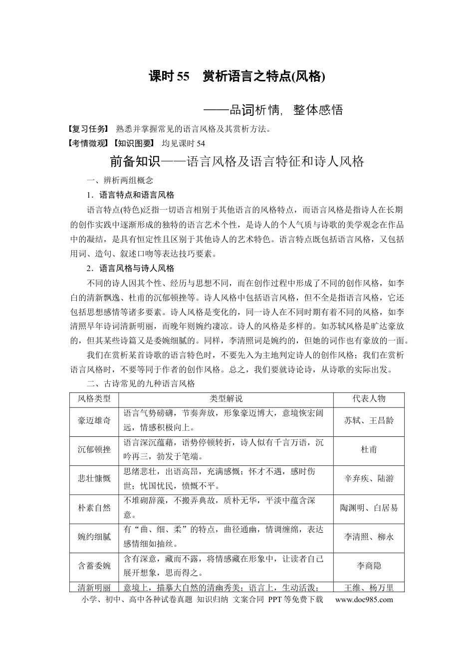 高考语文 板块6 古诗词阅读与鉴赏 课时55　赏析语言之特点(风格)——品词析情，整体感悟(1).docx