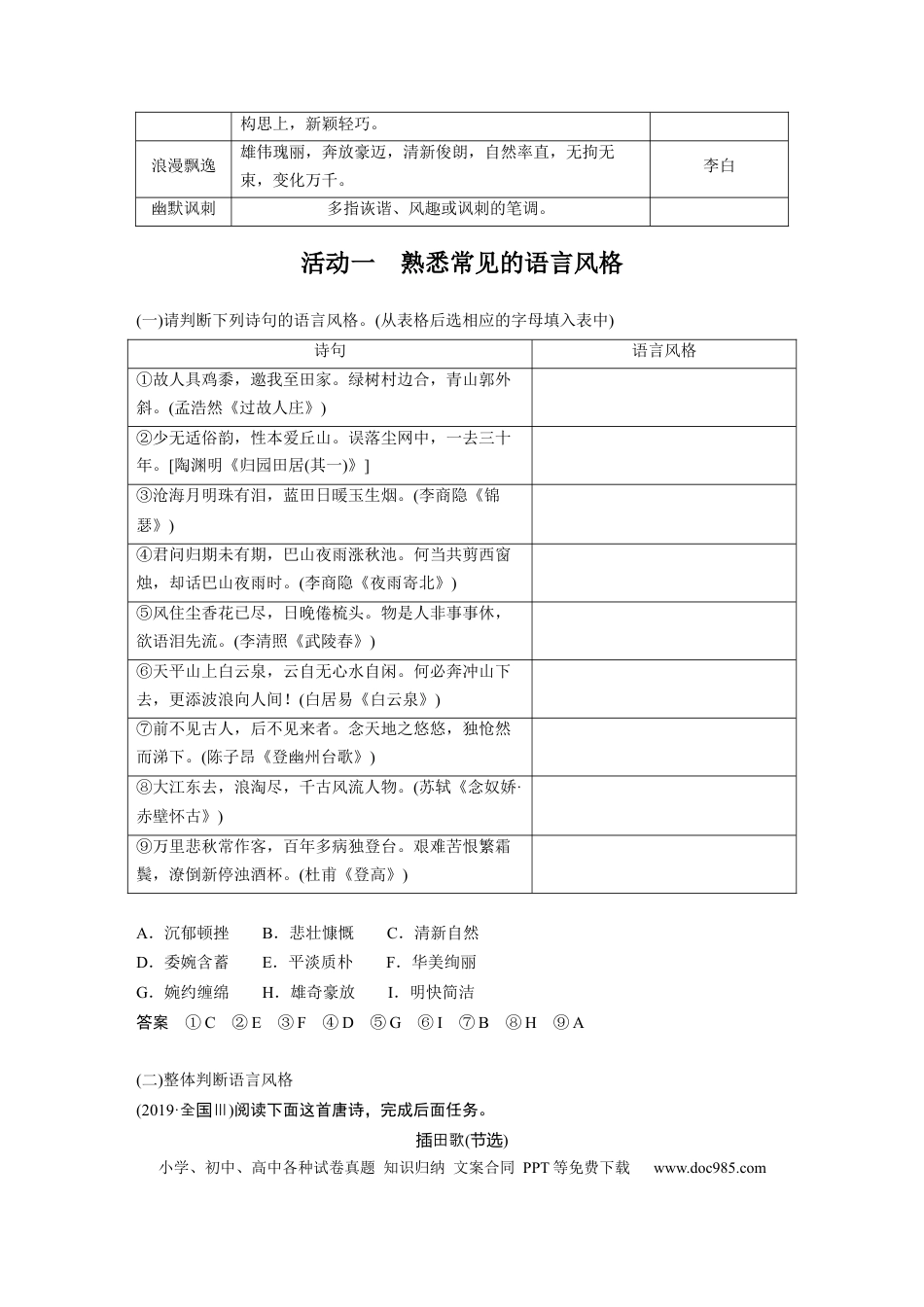 高考语文 板块6 古诗词阅读与鉴赏 课时55　赏析语言之特点(风格)——品词析情，整体感悟 (1).docx