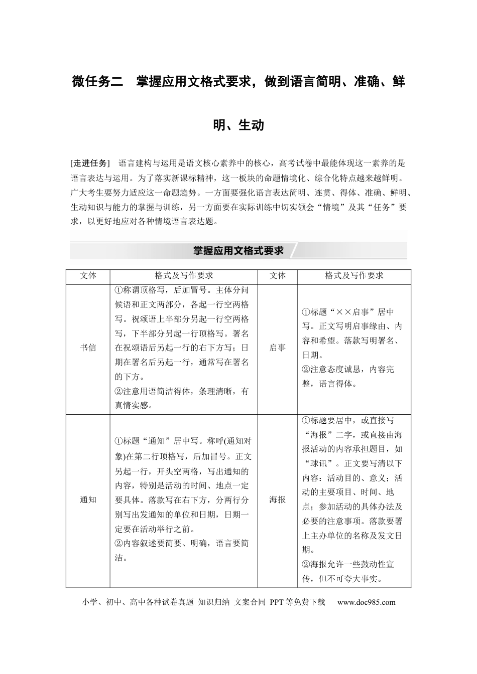高考语文 第1部分 语言策略与技能 任务组二 微任务组 微任务二 掌握应用文格式要求，做到语言简明、准确、鲜明、生动 (1).docx