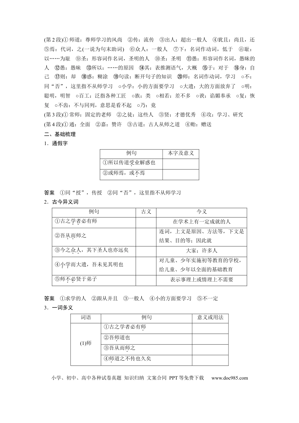 高考语文 第2部分 教材文言文点线面 必修上册 Ⅰ 课文2　师说.docx