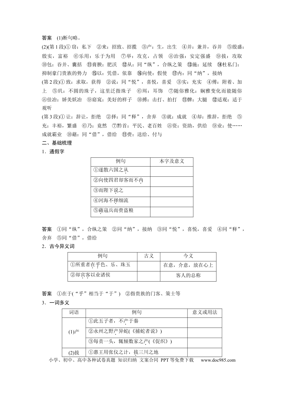 高考语文 第2部分 教材文言文点线面 必修下册(二) Ⅰ 课文6　谏逐客书.docx