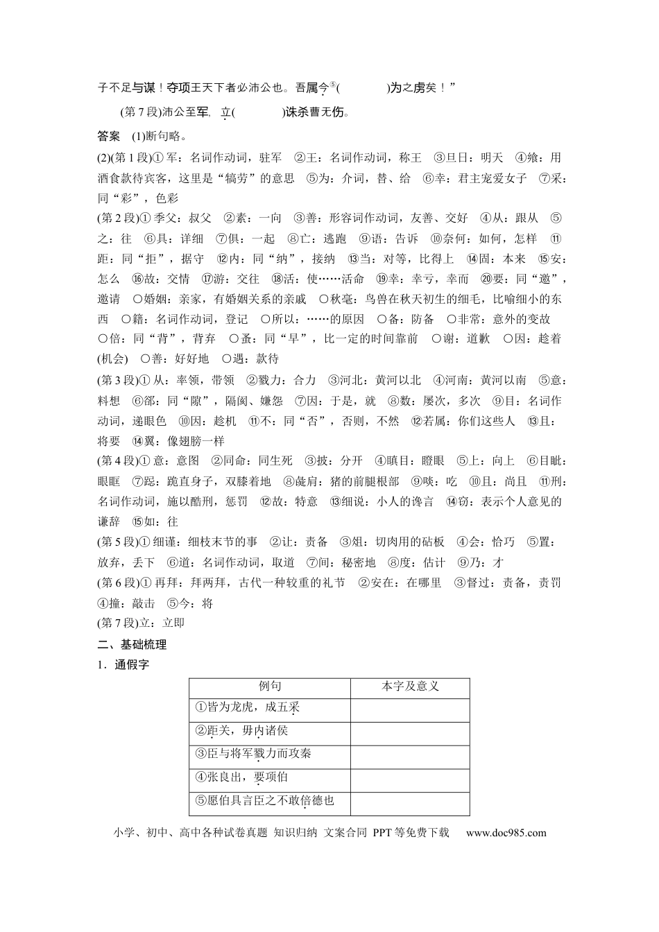 高考语文 第2部分 教材文言文点线面 必修下册(一) Ⅰ 课文5　鸿门宴.docx