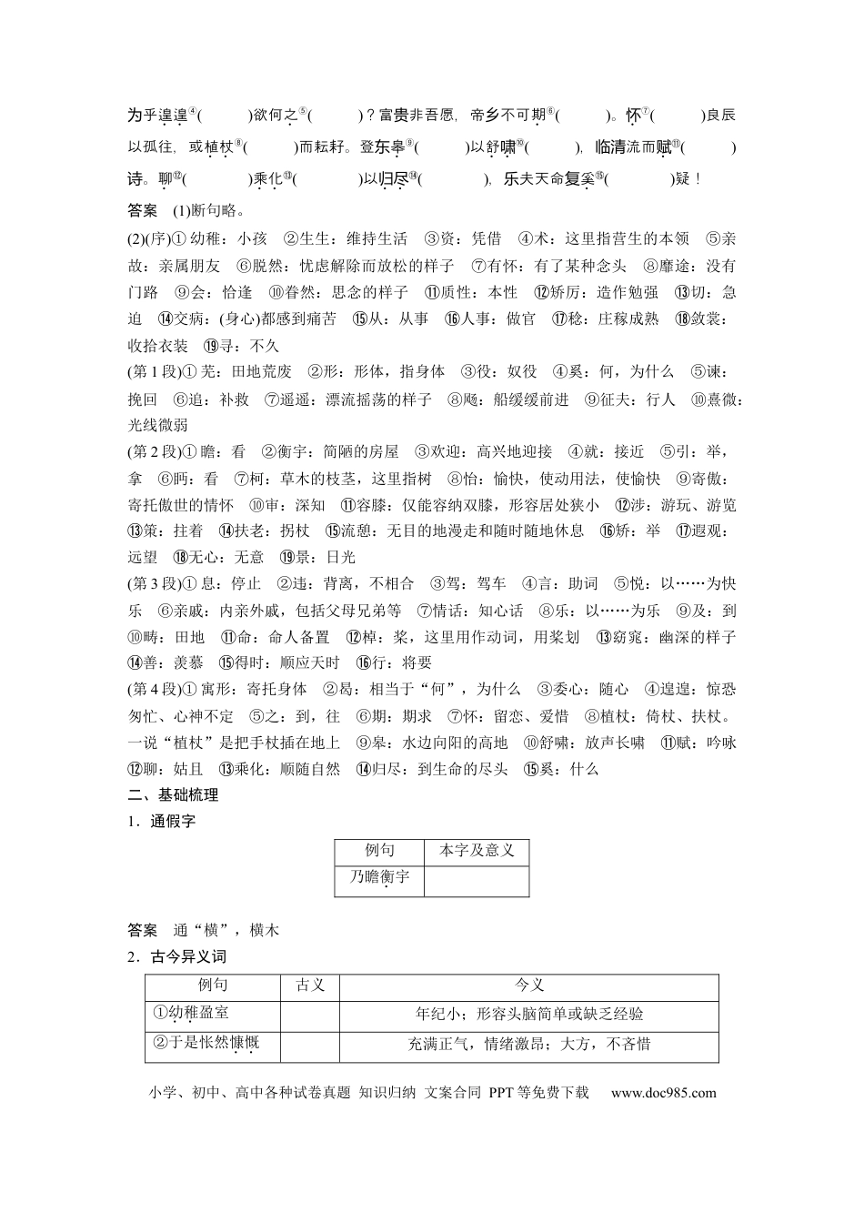 高考语文 第2部分 教材文言文点线面 选择性必修下册 Ⅰ 课文4　归去来兮辞并序.docx