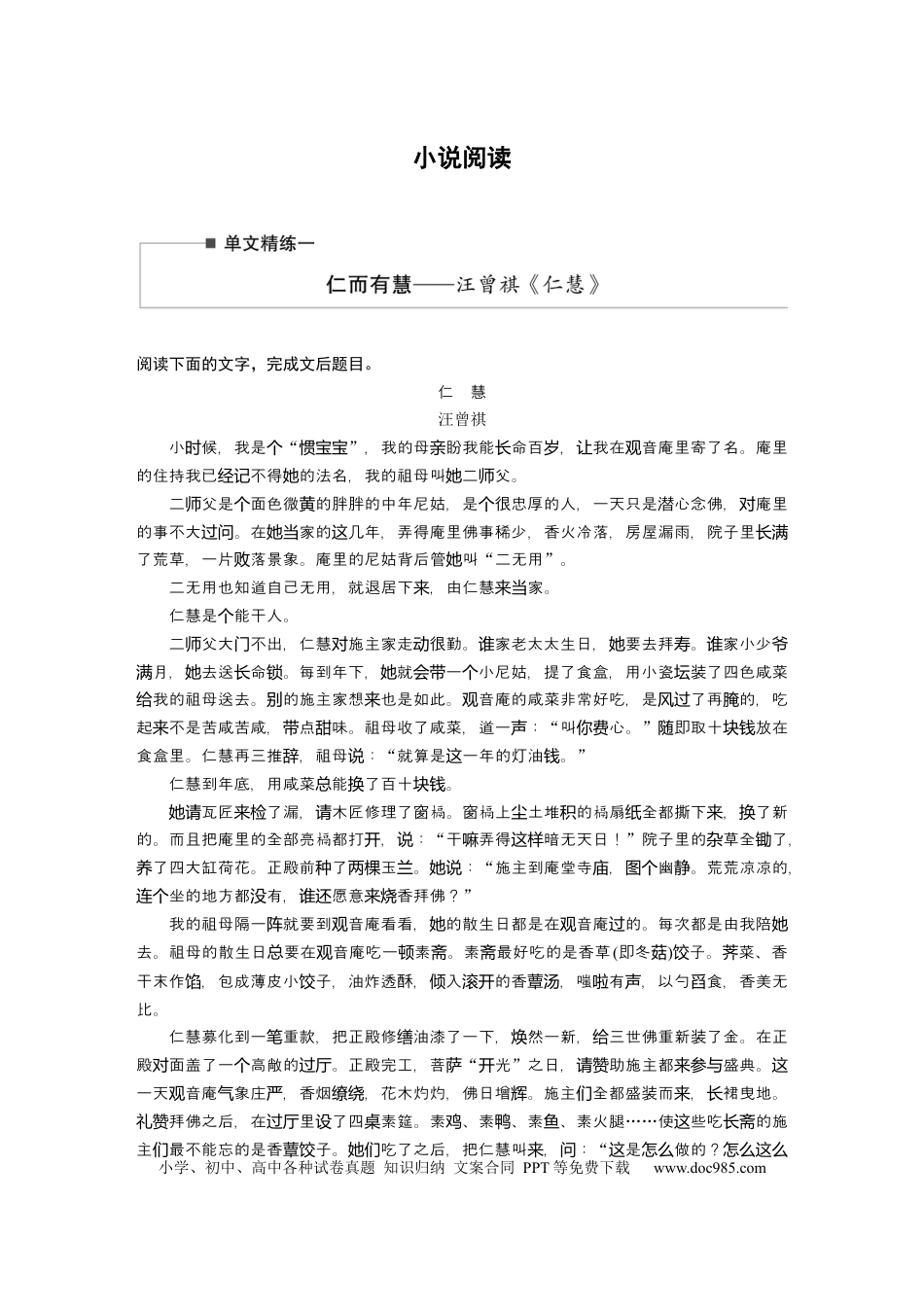 高考语文 第2部分 小说阅读 单文精练1 仁而有慧——汪曾祺《仁慧》  全国卷高考语文二轮复习提分讲义  .docx