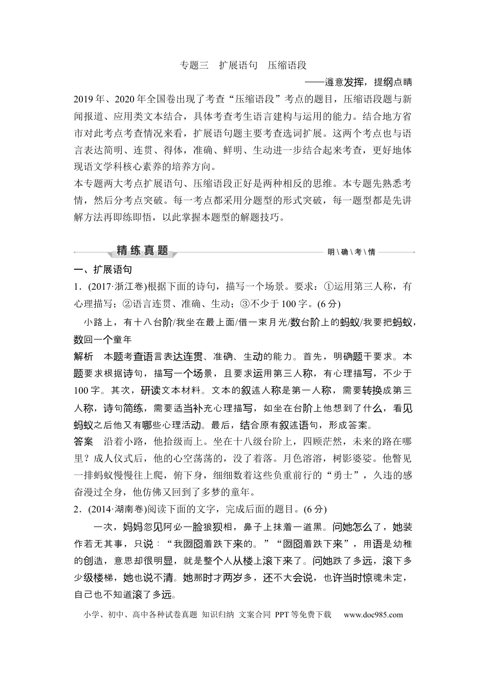 高考语文 第3部分 语言文字运用 专题3 扩展语句 压缩语段—遵意发挥，提纲点睛.docx
