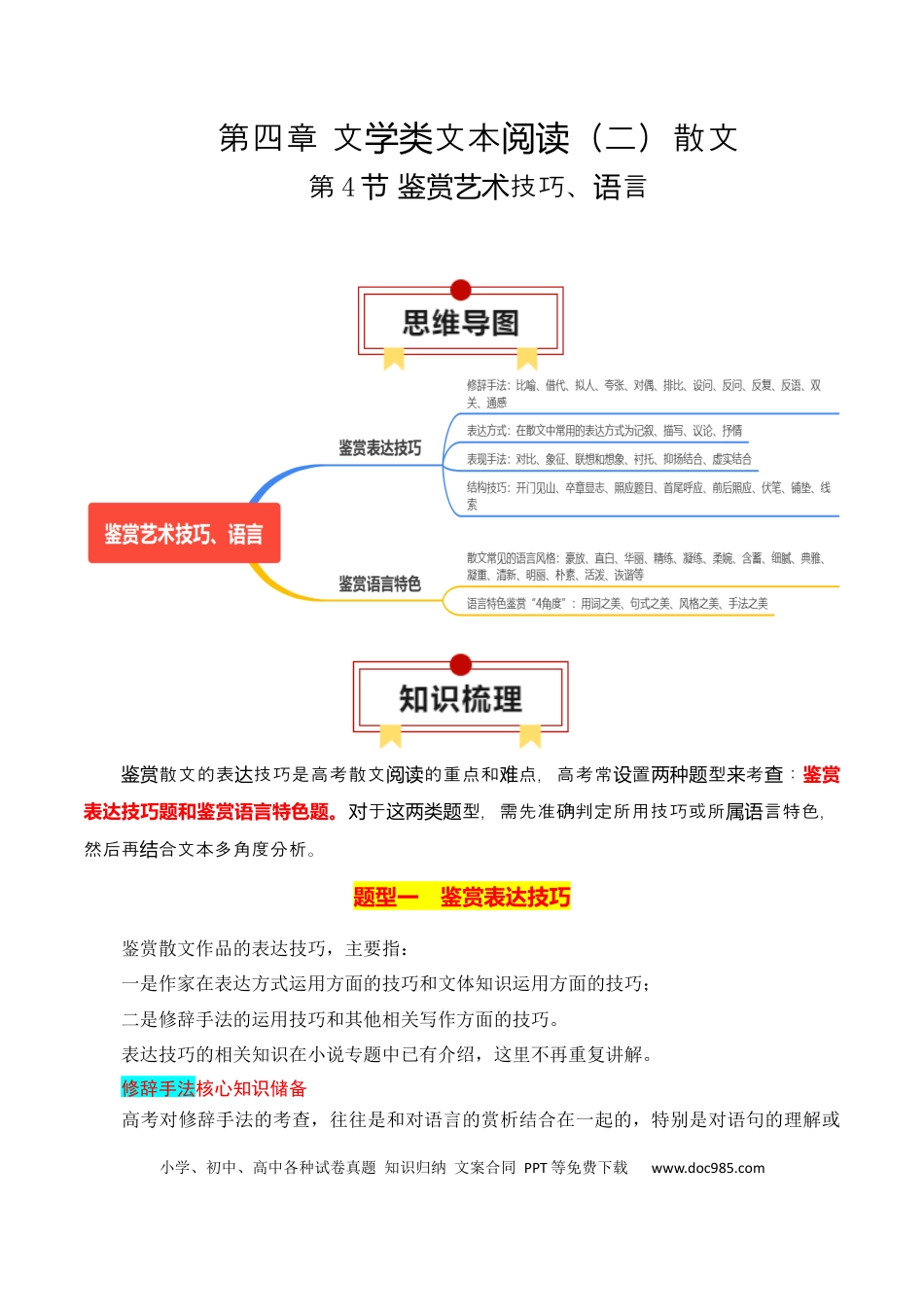 高考语文 第4节 鉴赏艺术技巧、语言-【口袋书】2024年高考语文一轮复习知识清单（全国通用）（原卷版）.docx