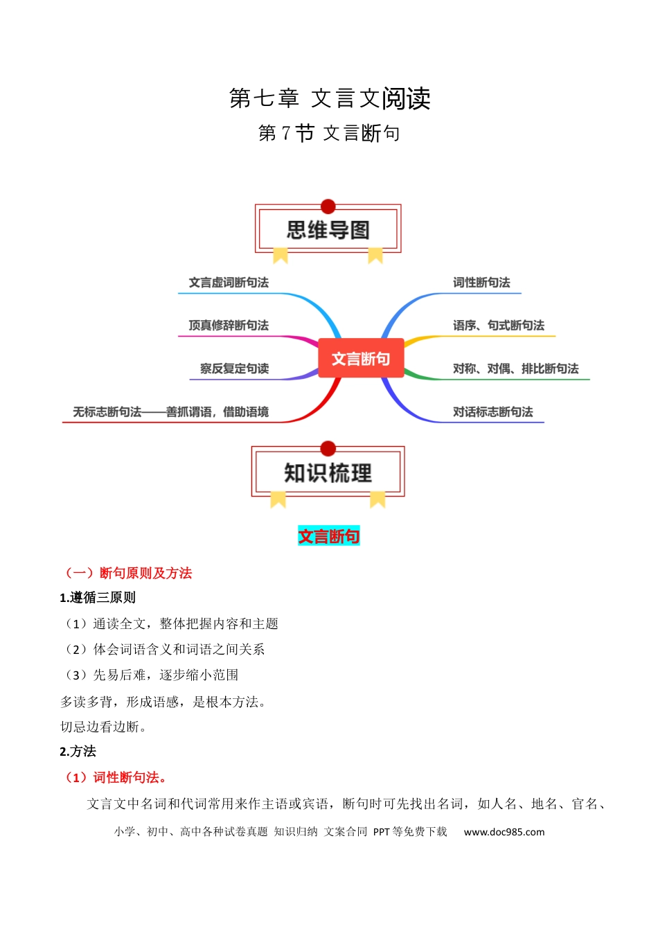 高考语文 第7节 文言断句-【口袋书】2024年高考语文一轮复习知识清单（全国通用）（原卷版）.docx