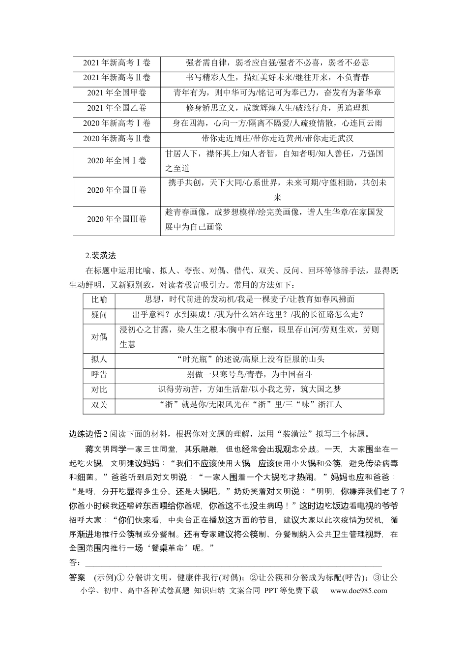 高考语文 第9部分 写作 打造亮点训练1　靓拟标题，靓写首尾——关键部位，熠熠生辉.docx