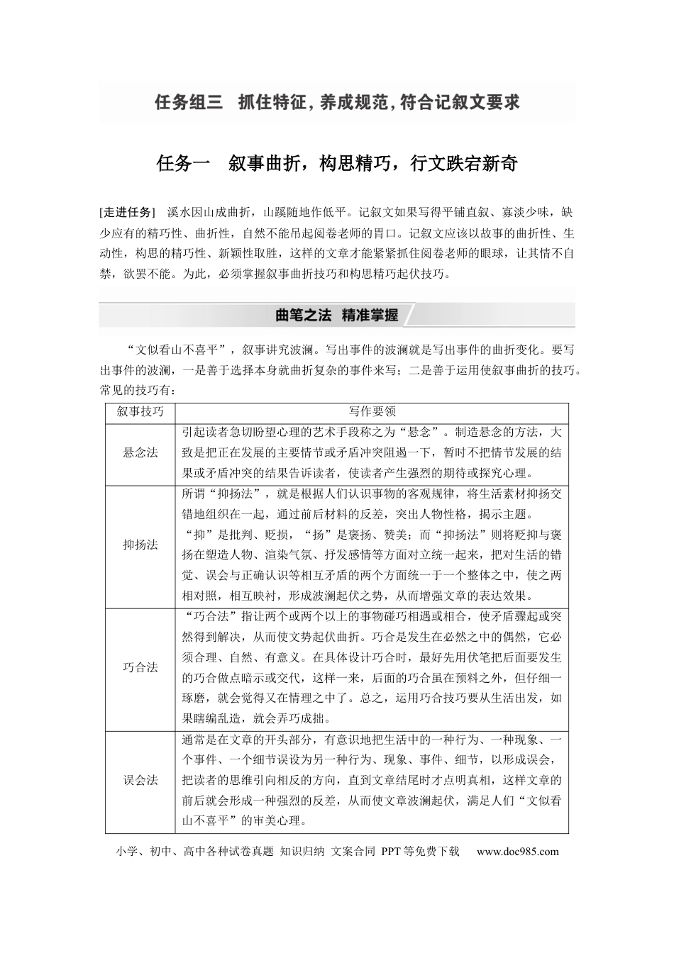 高考语文 第11部分 写作 任务组三 任务一 叙事曲折，构思精巧，行文跌宕新奇.docx