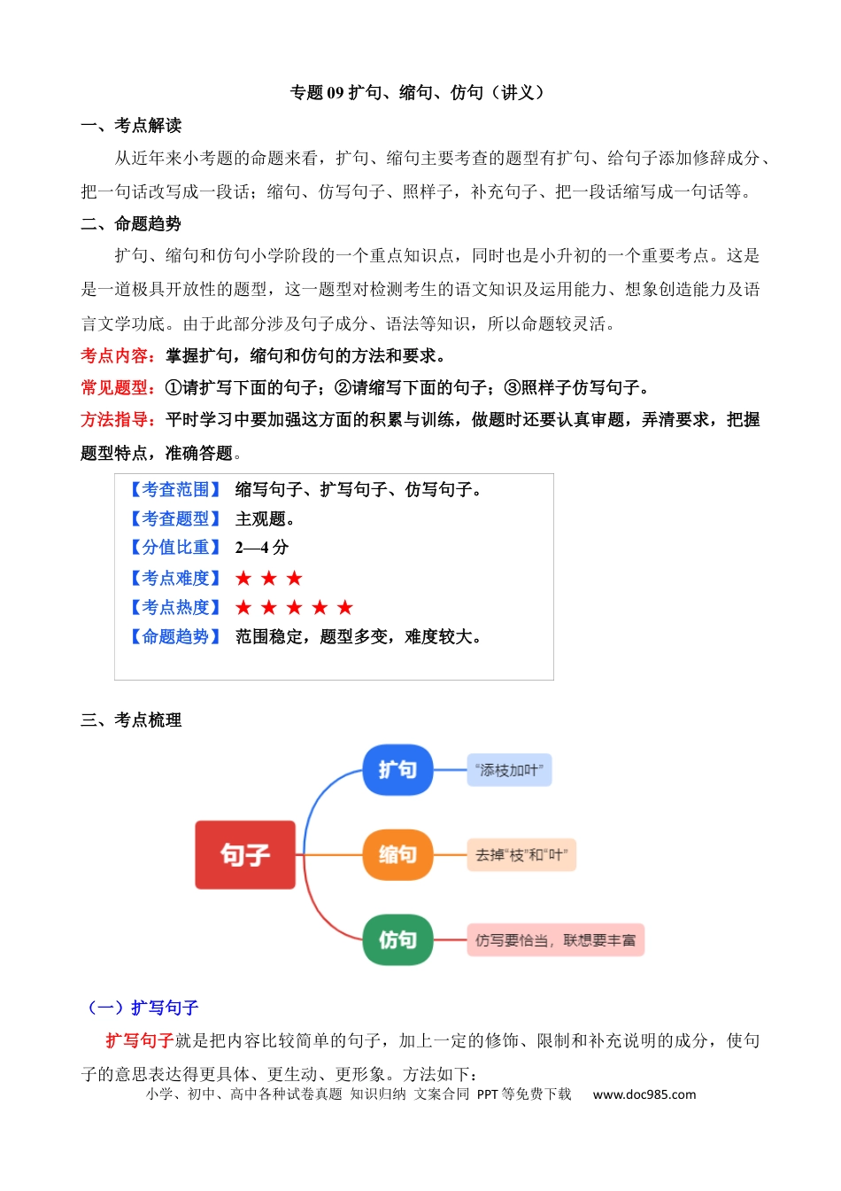 小升初语文总复习【讲练测-基础知识】专题09 扩句、缩句、仿句（讲义）.docx