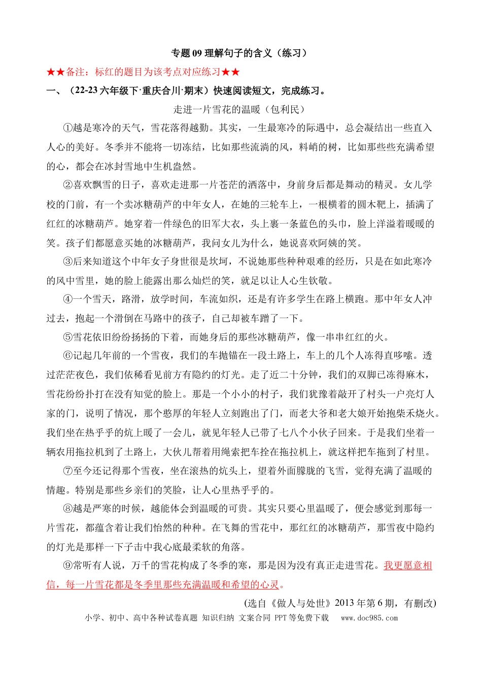 小升初语文总复习【讲练测-记叙文阅读】专题09 理解句子的含义（练习）.docx