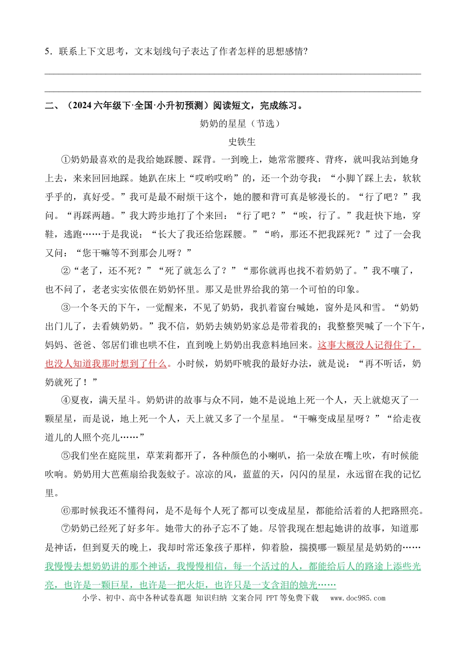 小升初语文总复习【讲练测-记叙文阅读】专题09 理解句子的含义（练习）.docx