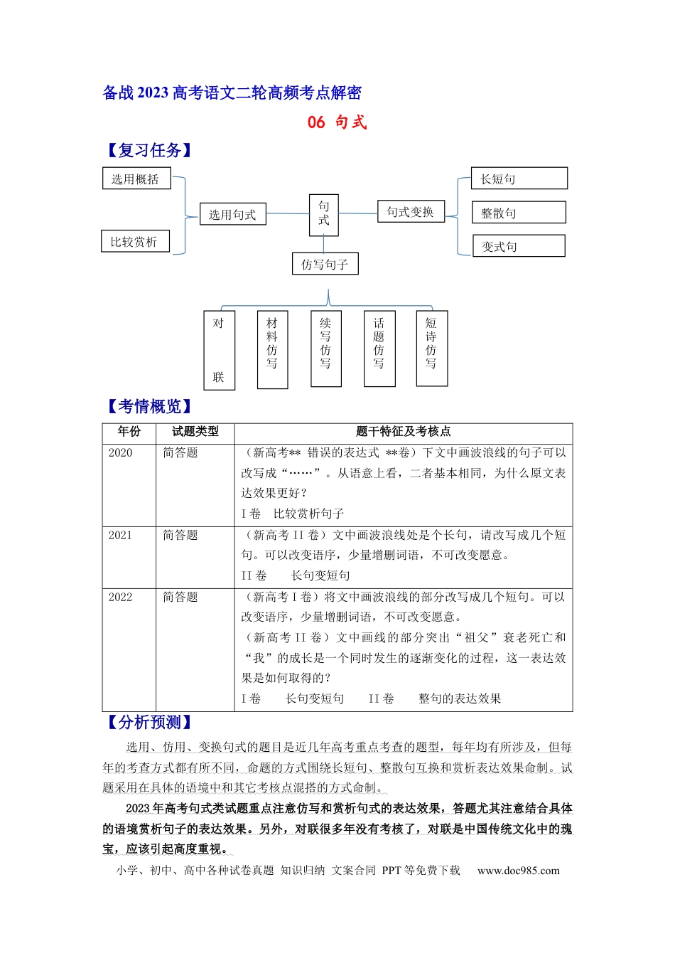 高考语文 解密06 句式（分层训练）-【高频考点解密】2023年高考语文二轮复习课件+分层训练（新高考专用）（解析版）.docx