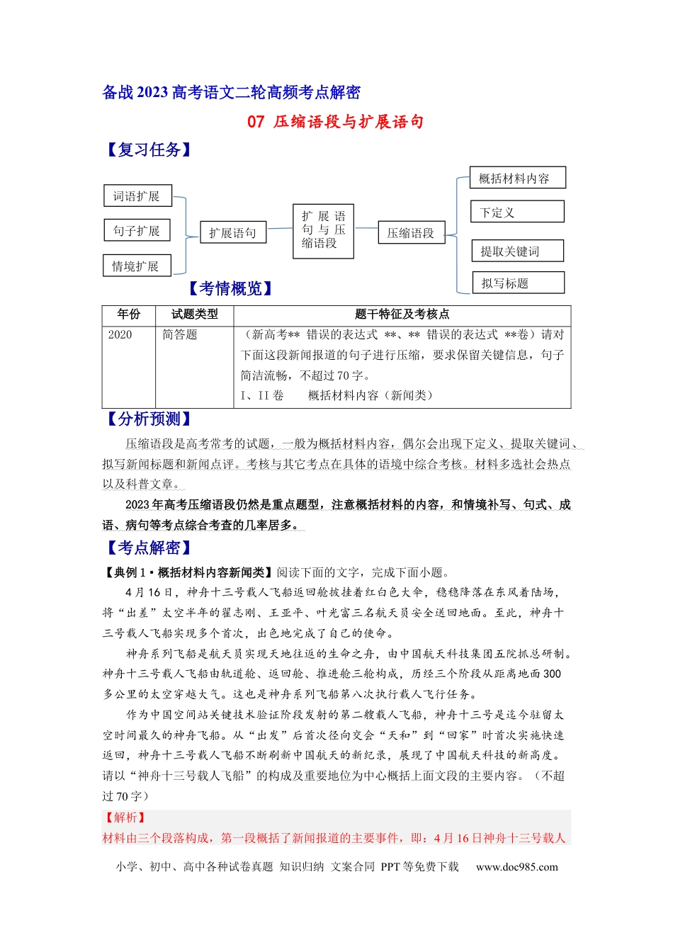 高考语文 解密07 压缩语段与扩展语句（分层训练）-【高频考点解密】2023年高考语文二轮复习课件+分层训练（新高考专用）（解析版）.docx