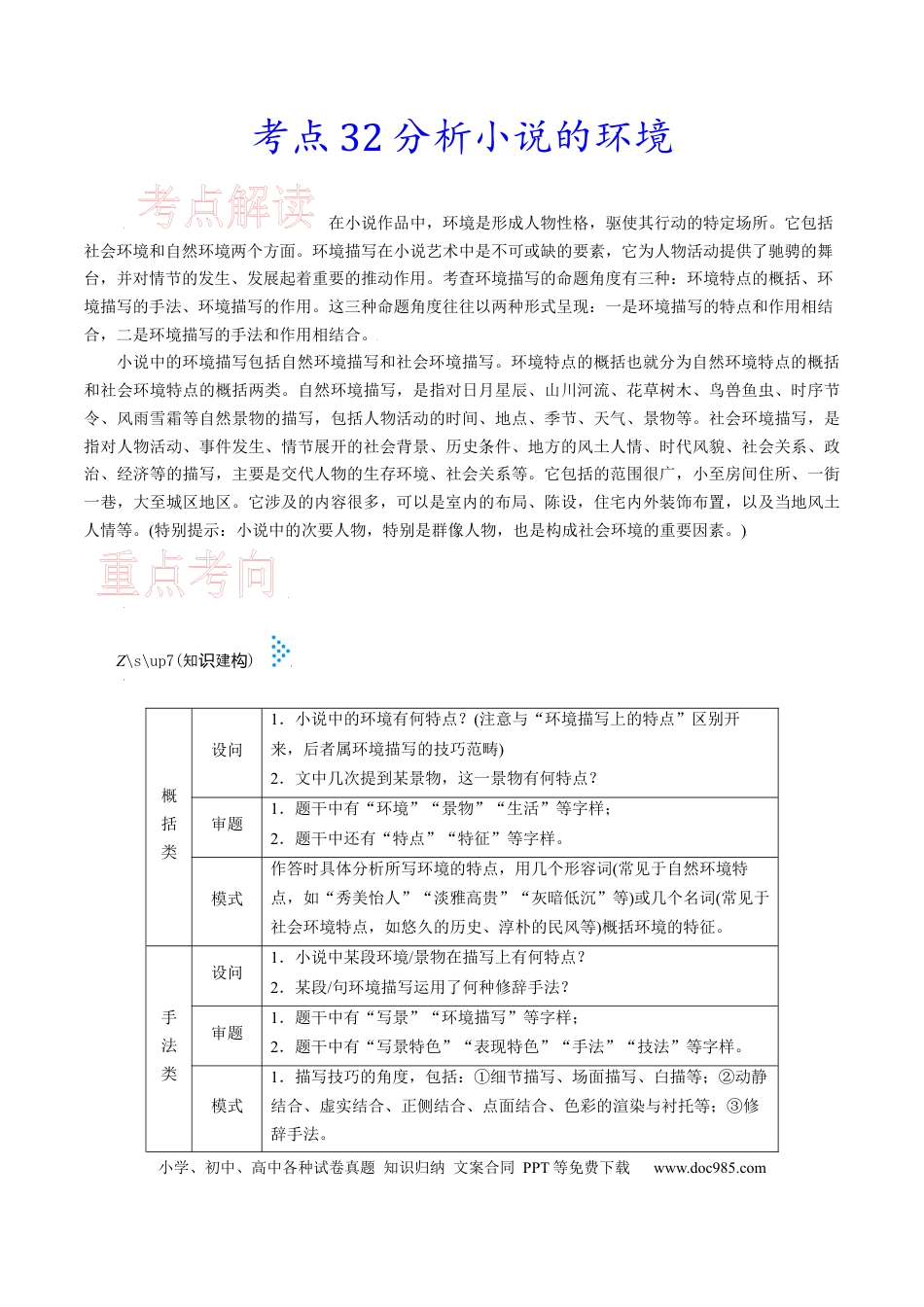 高考语文 考点32 分析小说的环境-备战2023年高考语文一轮复习考点帮（新高考专用） (2).docx