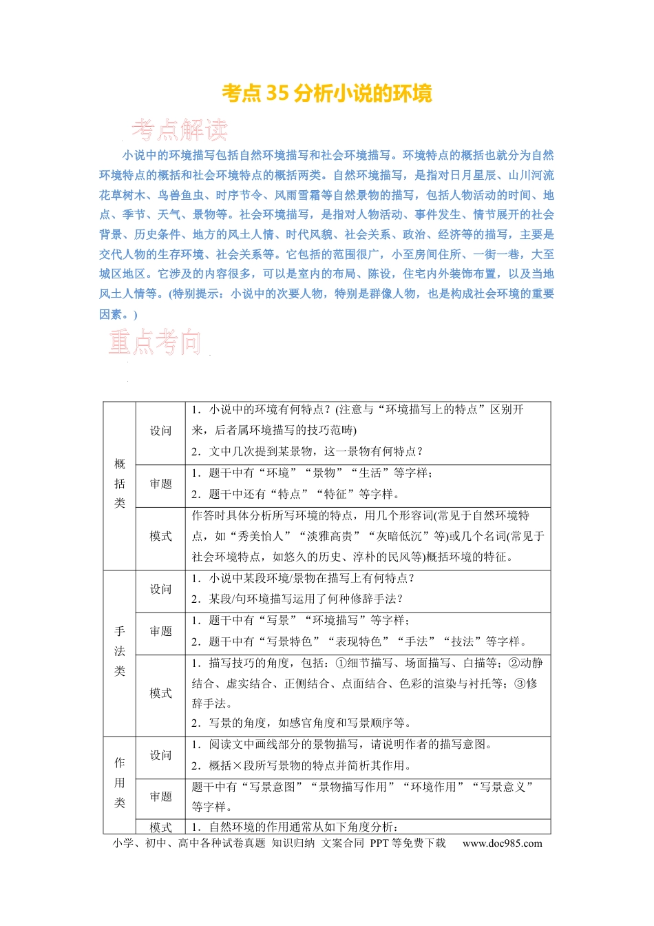 高考语文 考点35 分析小说的环境 .docx