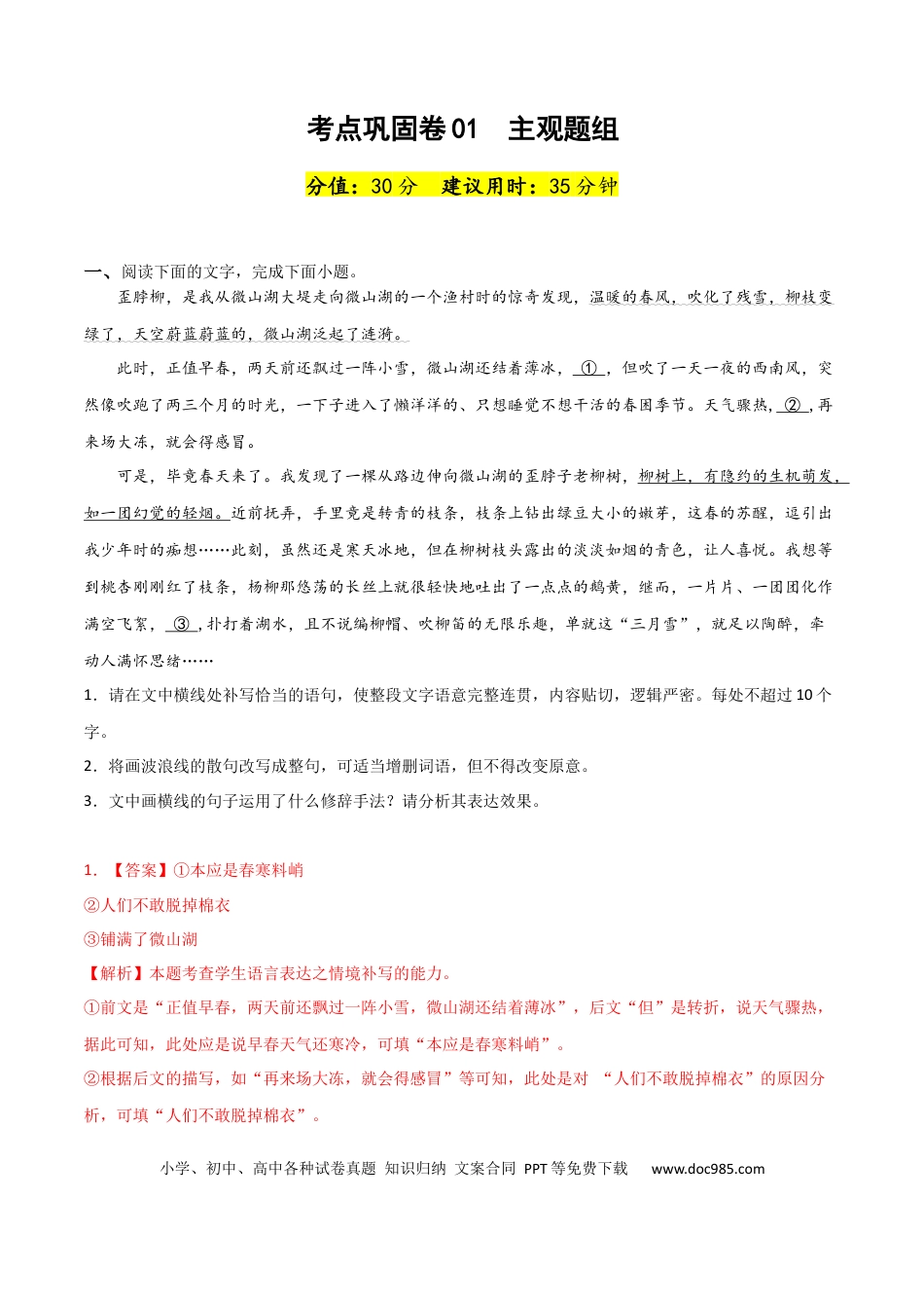 高考语文 考点巩固卷01  主观题组-2024年高考语文一轮复习考点通关卷（新高考通用）（解析版）.docx