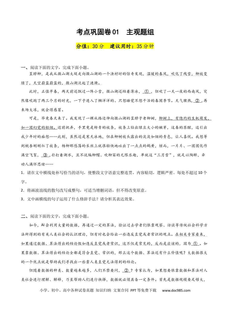 高考语文 考点巩固卷01  主观题组-2024年高考语文一轮复习考点通关卷（新高考通用）（原卷版）.docx
