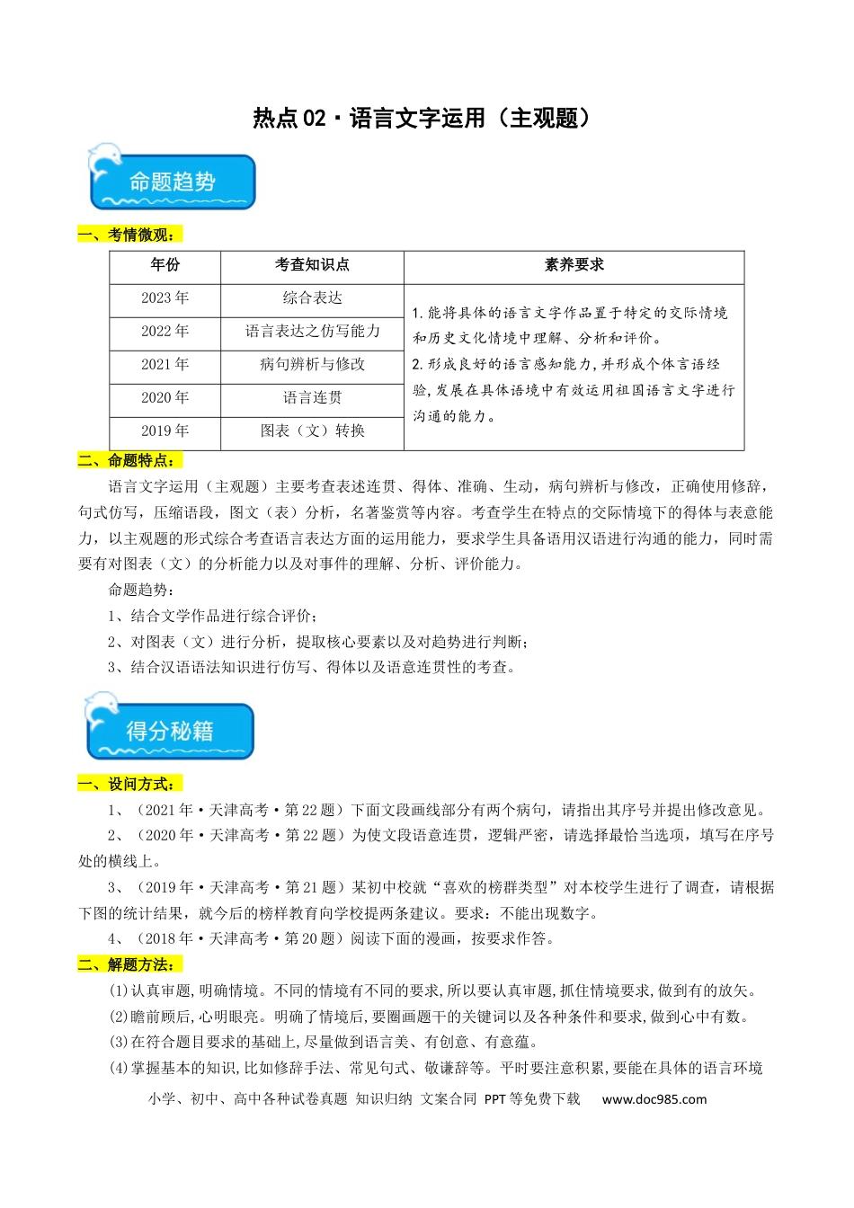 高考语文 热点02 语言文字运用（主观题）-2024年高考语文【热点·重点·难点】专练（天津专用）（原卷版）(1).docx