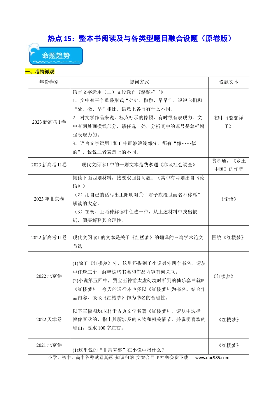 高考语文 热点15：整本书阅读及与各类型题目融合设题（原卷版）(1).docx