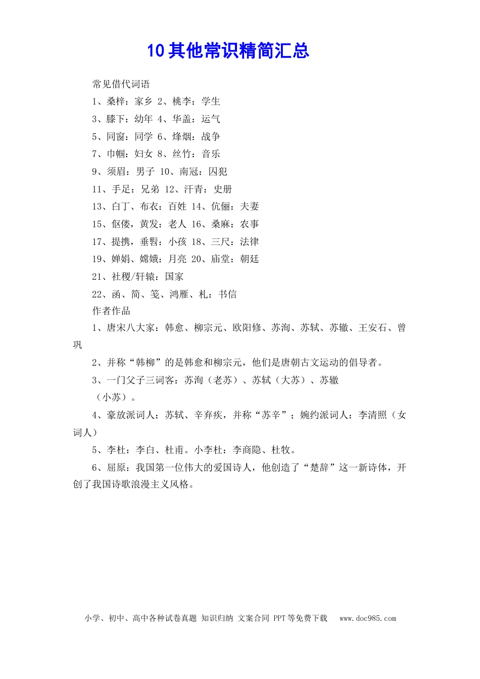 高考语文 文化常识知识梳理 10其他常识精简汇总(1).docx