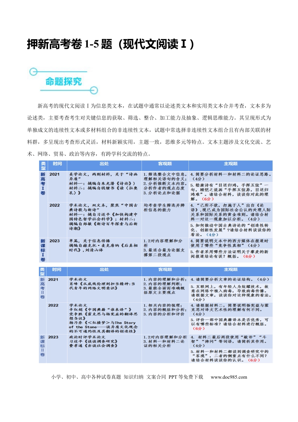 高考语文 押新高考卷1-5题（现代文阅读Ⅰ）（解析版）-备战2024年高考语文临考题号押题（新高考通用） (1).docx