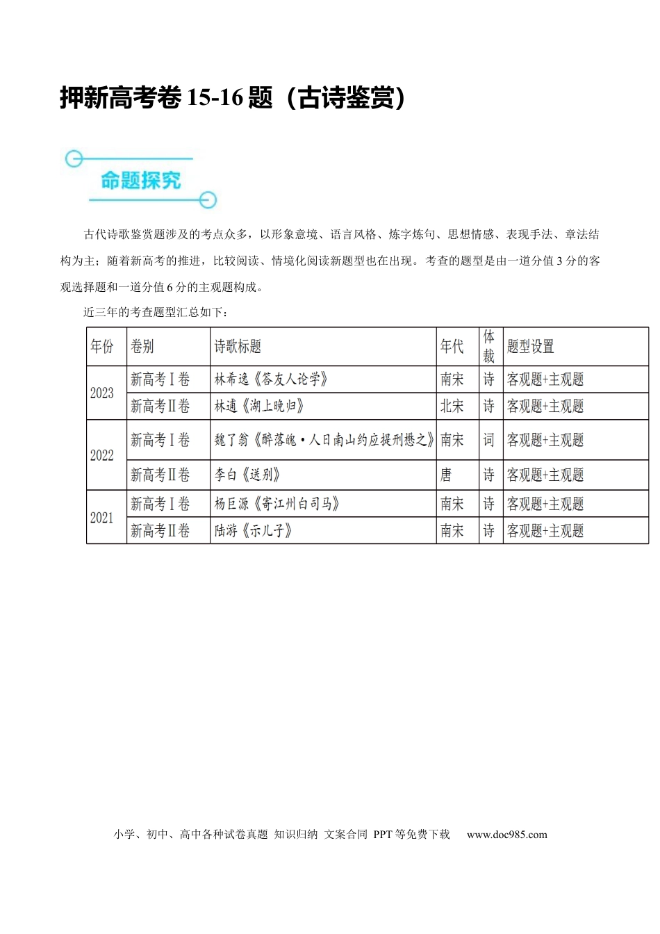 高考语文 押新高考卷15-16题（古诗鉴赏）（原卷版）-备战2024年高考语文临考题号押题（新高考通用） (1).docx