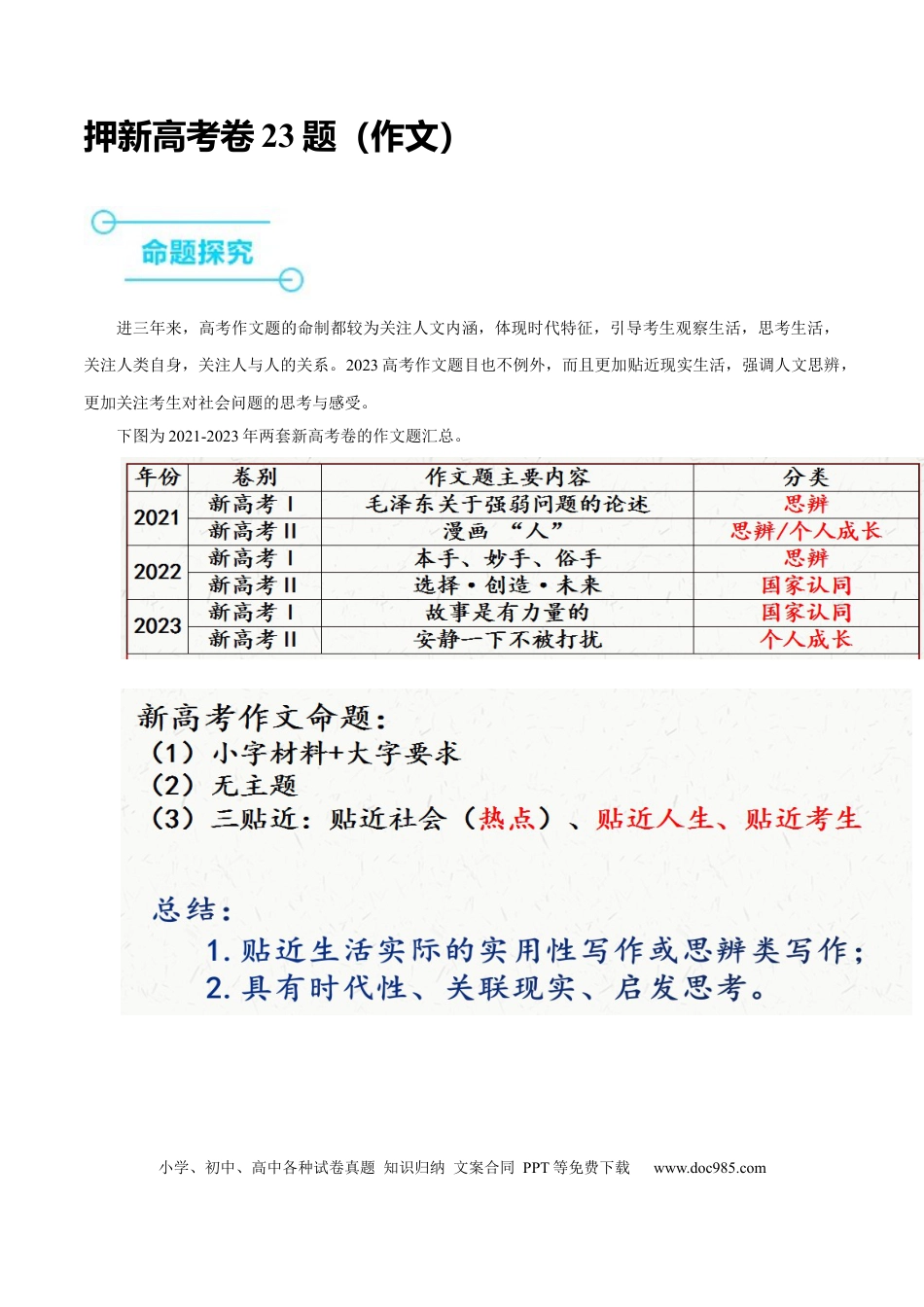 高考语文 押新高考卷23题（作文）（原卷版）-备战2024年高考语文临考题号押题（新高考通用） (1).docx